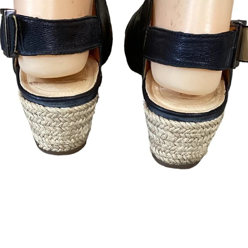 Nurture Mylene Leather Espadrille‎ Wedge Sandals Open Toe Sz 6M Black #280D